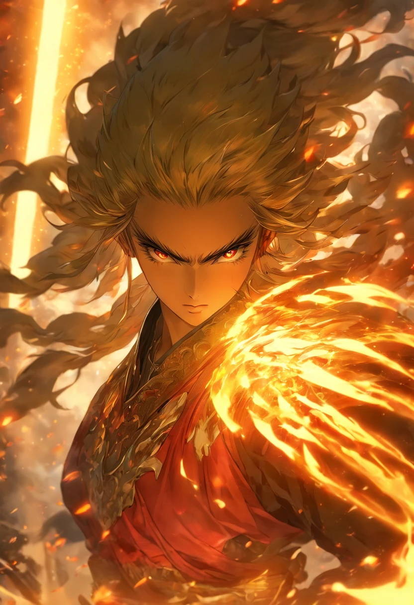best quality,4k,8k,highres,masterpiece:1.2,ultra-detailed,realistic:1.37,portrait,blade and soul girl,beautiful detailed eyes,beautiful detailed lips,extremely detailed eyes and face,long eyelashes,sword,wield a sword,shine sword,detailed sword,golden hilt,ornate sword,shimmering blade,moon-shaped pattern,symbolic engraving,protective shield,decorated shield,embossed design,dragonscale texture,flowing hair,flowing dress,fierce expression,determined look,strong posture,intense background,fiery atmosphere,dramatic lighting,vivid colors,contrast between light and dark,fluid brushstrokes,traditional art style,warm color tones,emphasize red and gold,playful lighting effects