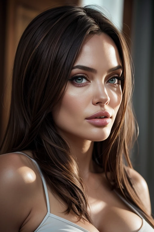 (best quality,4k,Altas:1.2),ultra-detalhado,Realistic,retrato,Pintura,profissional,studio lighting,vivid colors,foco nítido,Physically-based rendering,HDR,olhos e rosto extremamente detalhados,beautiful detailed lips,long eyelashes,Atriz Angelina Jolie,Mulher de 20 anos,louro,Curvy,,Looking at the Viewer, nu, corpo inteiro
