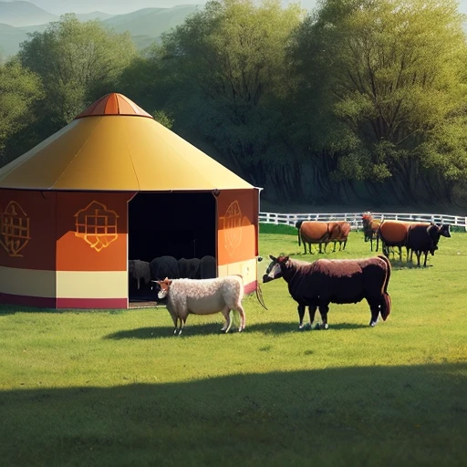 Take the grassland、rios、cattle and sheep,cavalos、yurts、shepherd、doggy,form a beautiful harmonious picture,Add text on the side to describe the deliciousness of pure natural green mutton。