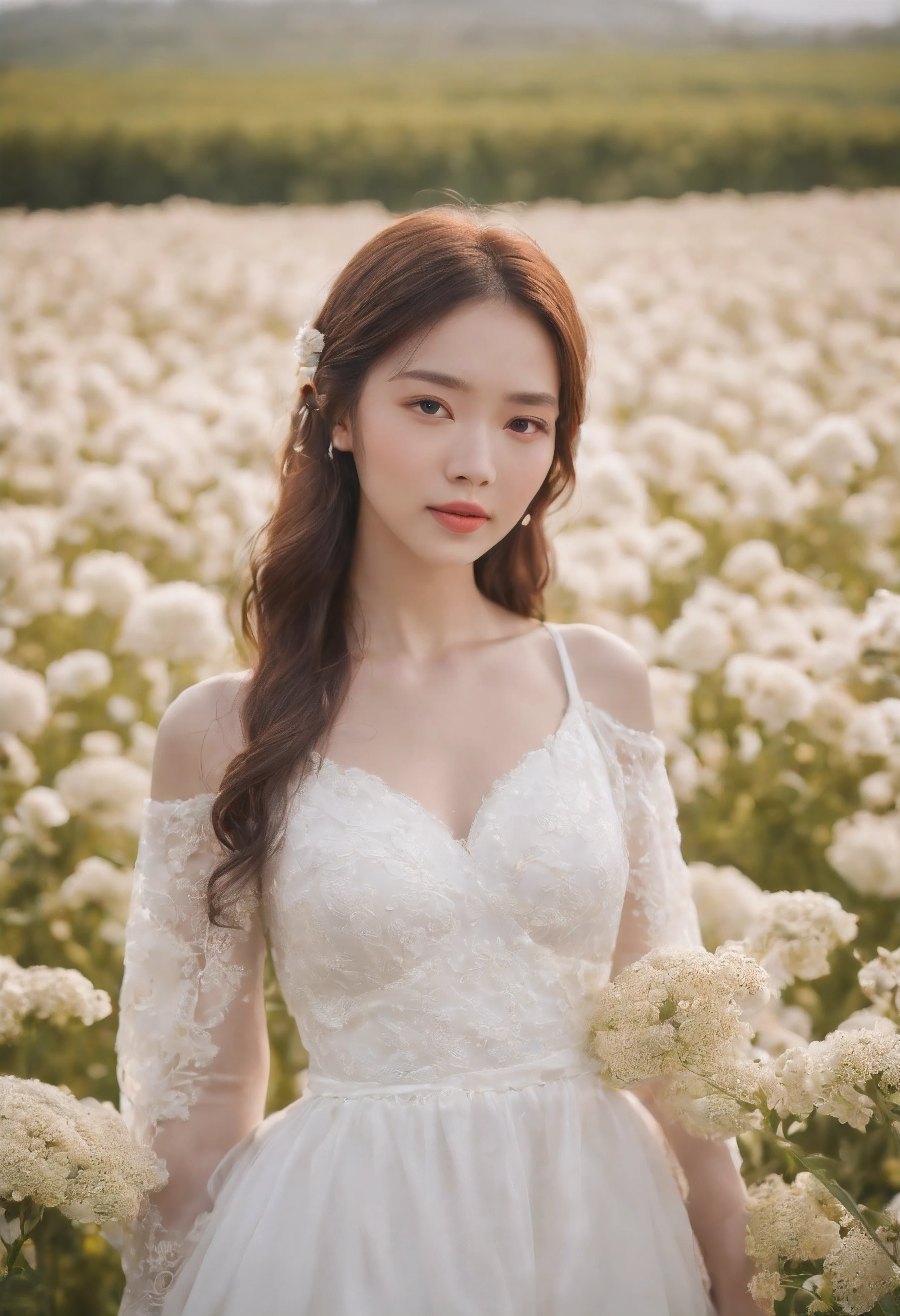 A woman in a white dress stands in a flower field, beautiful Korean women, beautiful young korean woman, standing in flower field, There are flowers, Girl in the flowers, gorgeous young korean woman, standing in flower field,girl standing in flower field, The aesthetic realm of flowers, with frozen flowers around her, girl frontal lobe in flower field,Sunnyday,and the sun was shining brightly,The weather was nice,A large field of flowers,The picture is vivid,フォトリアリスティック,detail-rich