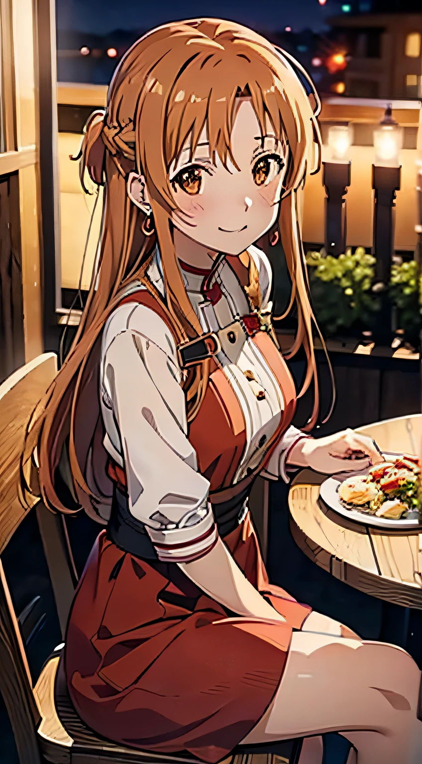 Masterpiece, best quality, high resolution, 4K, Asuna Yuuki \(Sword Art Online\), red dress, earrings dangling, smiling, blushing, restaurant, sitting, night time, candlelight date, facing viewer, POV, soft light