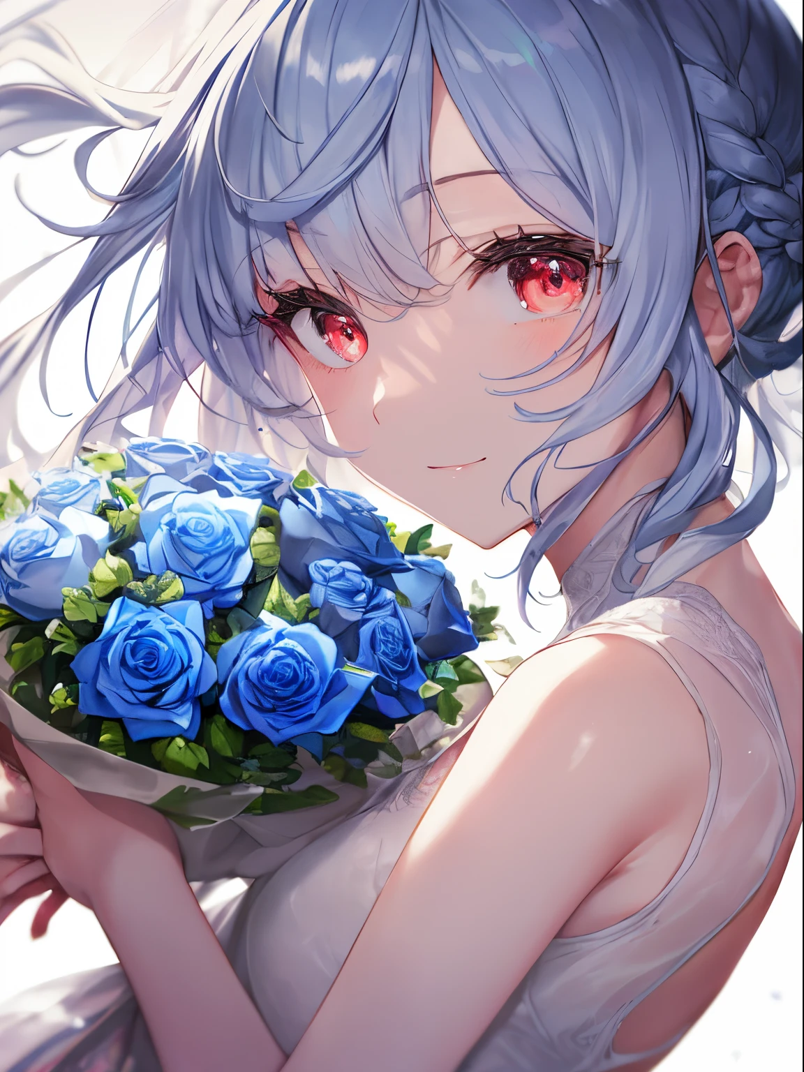(masutepiece.top-quality).(Dynamic Angle). (Very spectacular detail CG painting),(image perfect)、comic strip.Illustration.1 girl in.Detailed face、face perfect.delicated face、Girl in delicate white wedding dress、Textured skin、White hair.short-hair、(short braided hair)、((Beautiful red eyes)).Delicate and beautiful eyes、Eyes written in detail、Reflected eyes、Watery eyes、smil.(Holding a bouquet of blue roses:1.3).(Blue petals flutter:0.8)、((Girl in white prom dress))、8k wallpaper、cowboy shot、Reflected Light、highestdetailed、Convoluted、Delicate background、Textured skin、Detailed skin、(ultra res)、