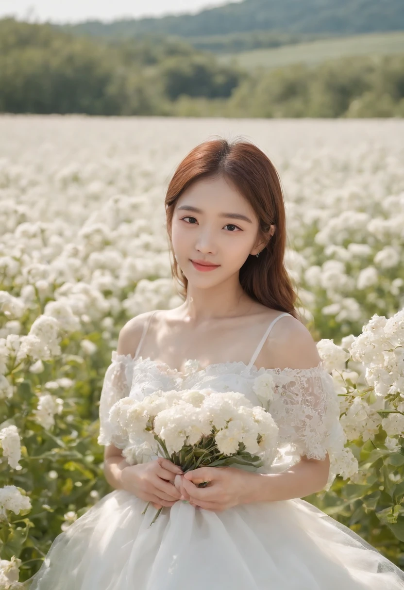 A woman in a white dress stands in a flower field, beautiful Korean women, beautiful young korean woman, standing in flower field, There are flowers, Girl in the flowers, gorgeous young korean woman, standing in flower field,girl standing in flower field, The aesthetic realm of flowers, with frozen flowers around her, girl frontal lobe in flower field，Girl puts her hands behind her back，hands after birth，The girl smiled，The girl was smiling，Sunnyday，and the sun was shining brightly，The weather was nice，A large field of flowers，The picture is vivid，フォトリアリスティック，detail-rich