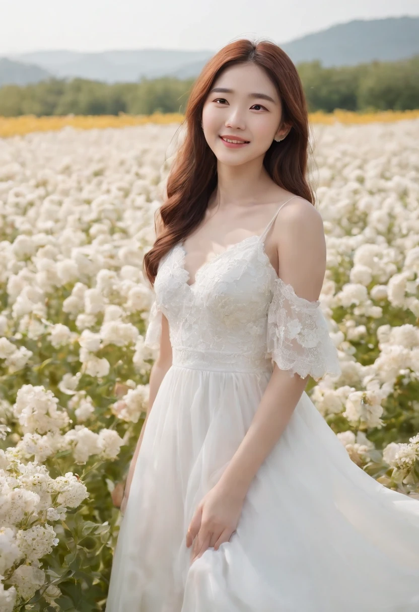 A woman in a white dress stands in a flower field, beautiful Korean women, beautiful young korean woman, standing in flower field, There are flowers, Girl in the flowers, gorgeous young korean woman, standing in flower field,girl standing in flower field, The aesthetic realm of flowers, with frozen flowers around her, girl frontal lobe in flower field，Girl puts her hands behind her back，hands after birth，The girl smiled，The girl was smiling，Sunnyday，and the sun was shining brightly，The weather was nice，A large field of flowers，The picture is vivid，フォトリアリスティック，detail-rich