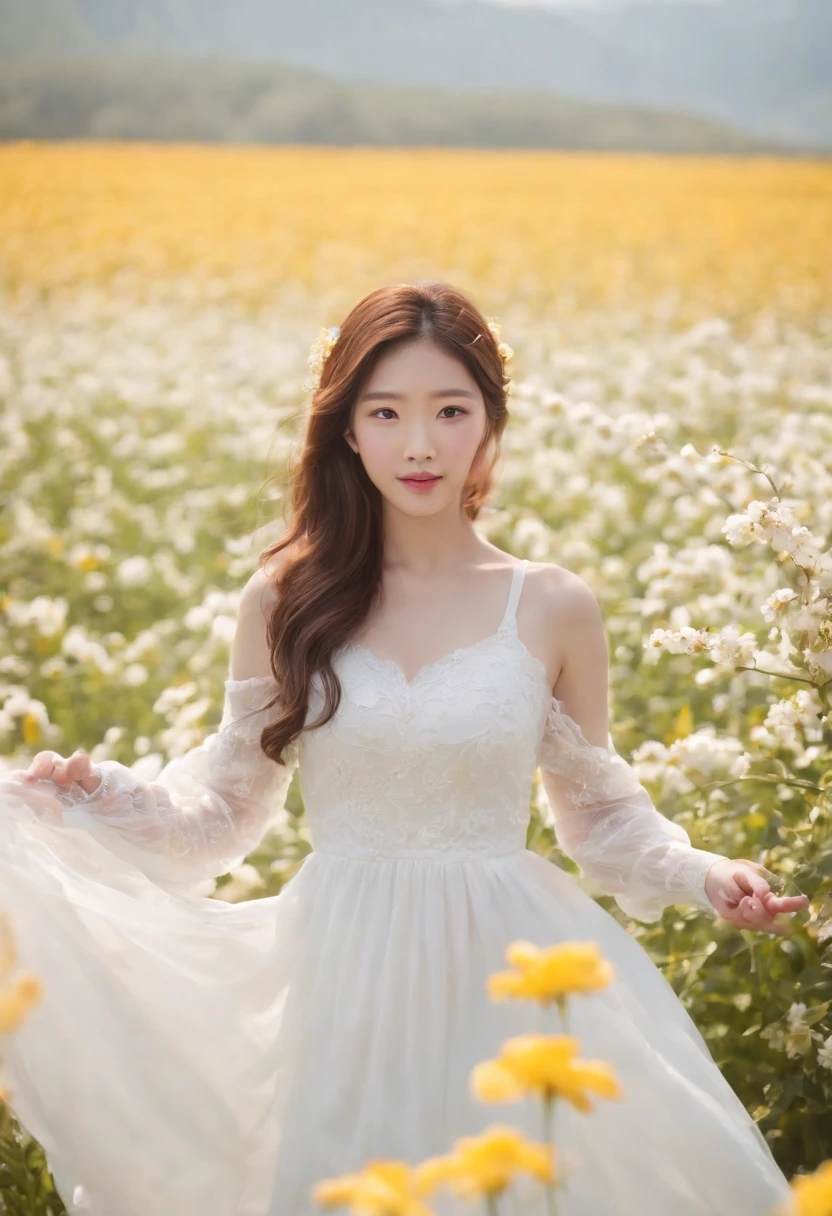 A woman in a white dress stands in a flower field, beautiful Korean women, beautiful young korean woman, standing in flower field, There are flowers, Girl in the flowers, gorgeous young korean woman, standing in flower field,girl standing in flower field, The aesthetic realm of flowers, with frozen flowers around her, girl frontal lobe in flower field，Girl puts her hands behind her back，hands after birth，The girl smiled，The girl was smiling，Sunnyday，and the sun was shining brightly，The weather was nice，A large field of flowers，The picture is vivid，フォトリアリスティック，detail-rich