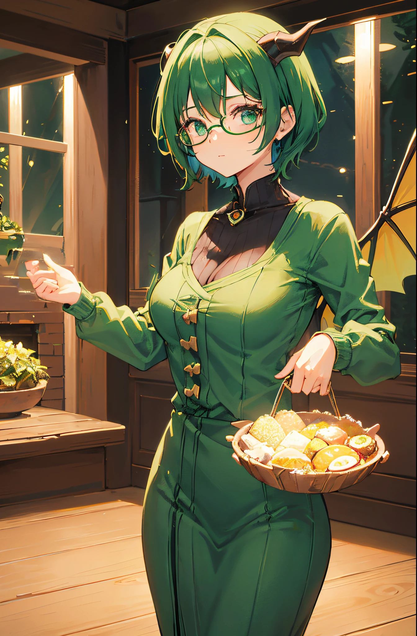 She is a thin nerdy flat chested woman with short green hair and two small dark green demon horns on her head. Also she has two small dark green dragon wings on her back. Also she is standing in a winter ski lodge in the lobby near the fireplace. Also she is dressed like a librarian with a brown and green outfit with yellow trimmings. Also she has large round nerdy glasses.