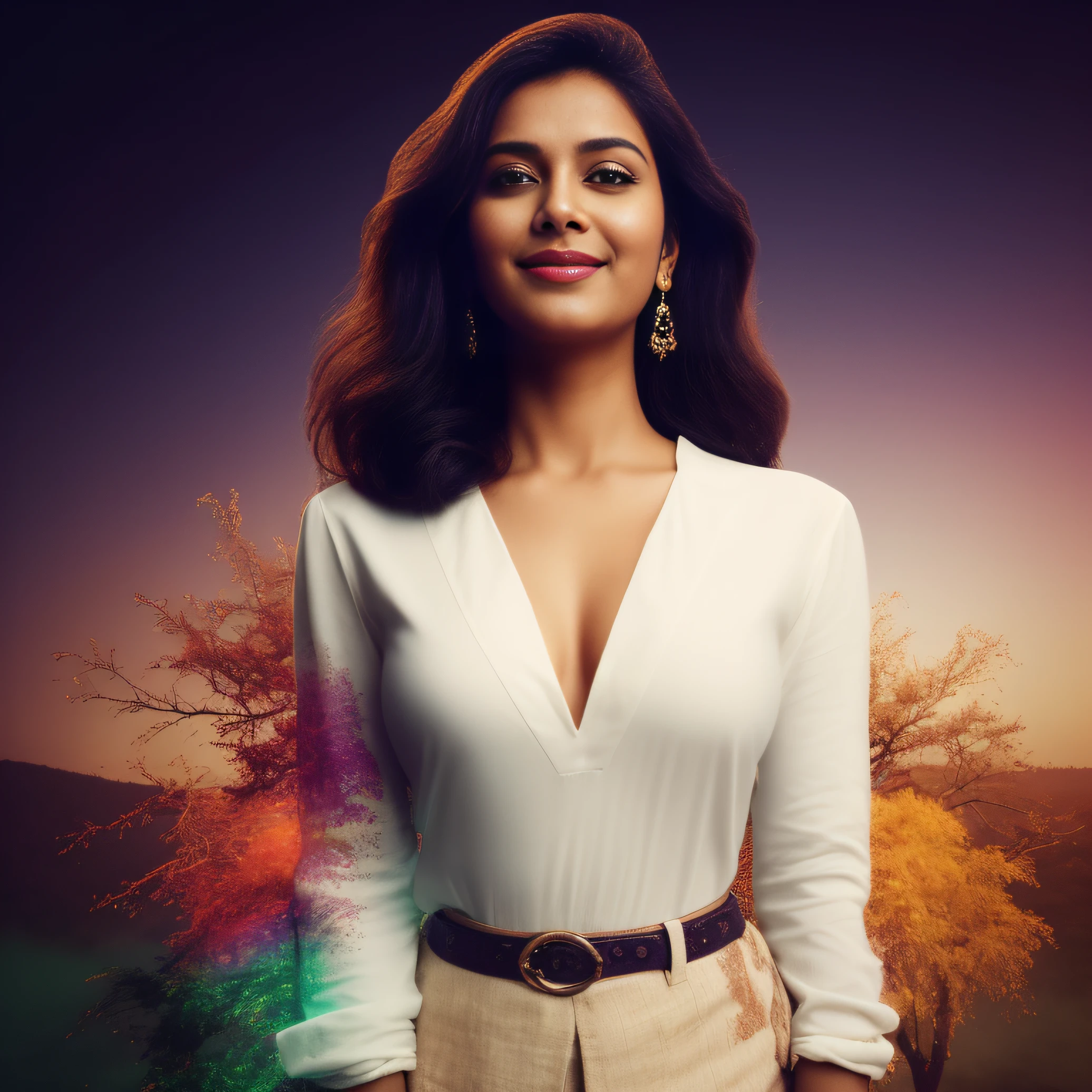 Day scene, close up photo of a indian from top view, posing under big tree, (wearing black tshirt and skirt) , look at viewer and smile, (cinematic:1.3), intricate details, (ArtStation:1.2)