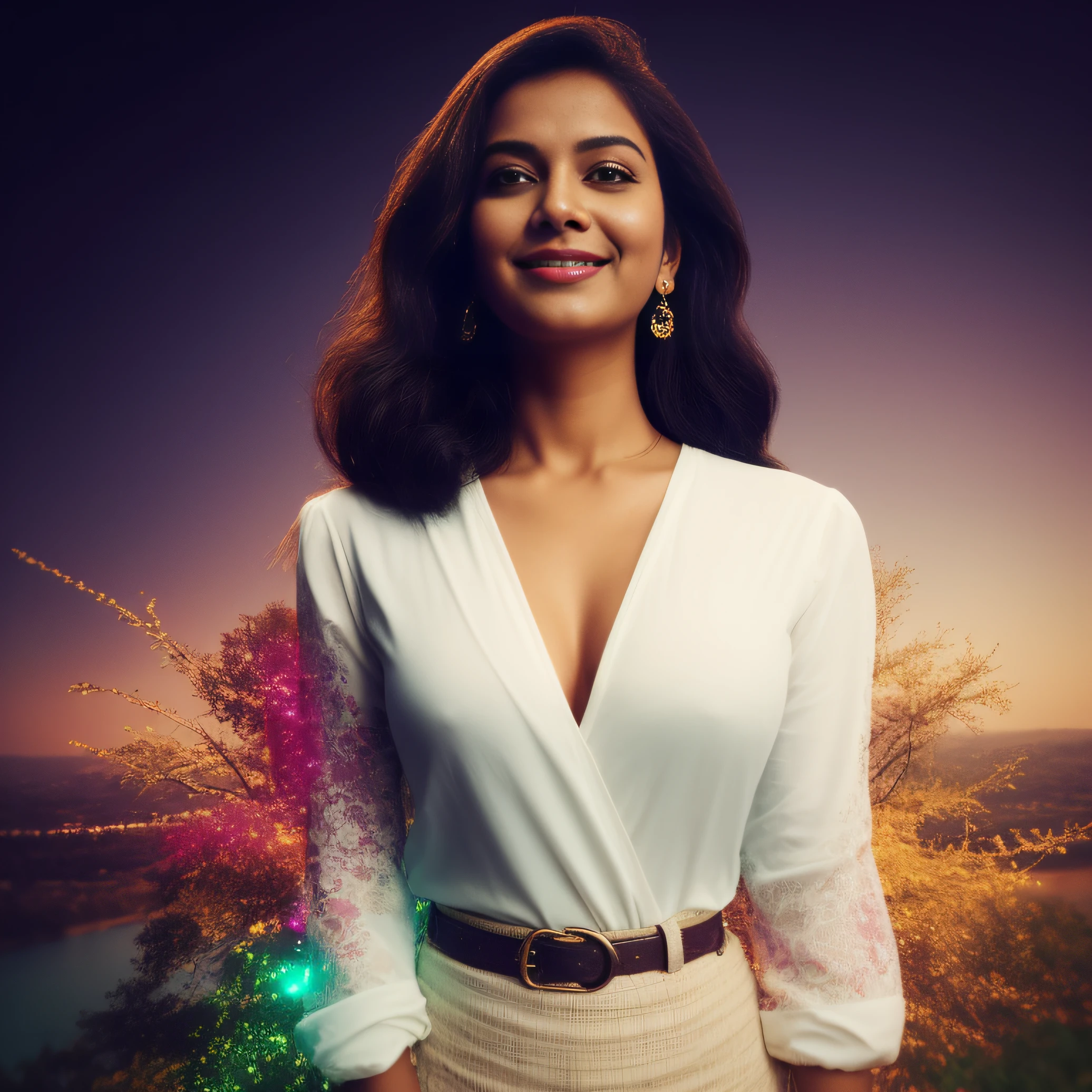 Day scene, close up photo of a indian from top view, posing under big tree, (wearing black tshirt and skirt) , look at viewer and smile, (cinematic:1.3), intricate details, (ArtStation:1.2)