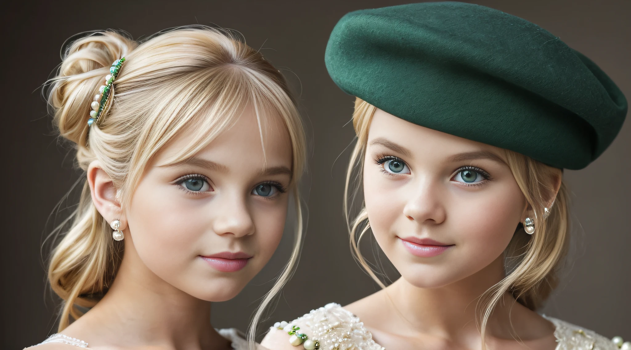 BLONDE CHILD HAIRBUN wearing green beret with pearl brooch, modelo jovem bonita, usando uma boina, usando uma boina francesa, garota, menina jovem bonita, menina jovem bonito, Retrato da princesa, menina elegante, uma boina grande, color studio portrait, Boinas, modelo bonito da menina, Retrato da menina nova, modelo muito bonito, Retrato de uma princesa