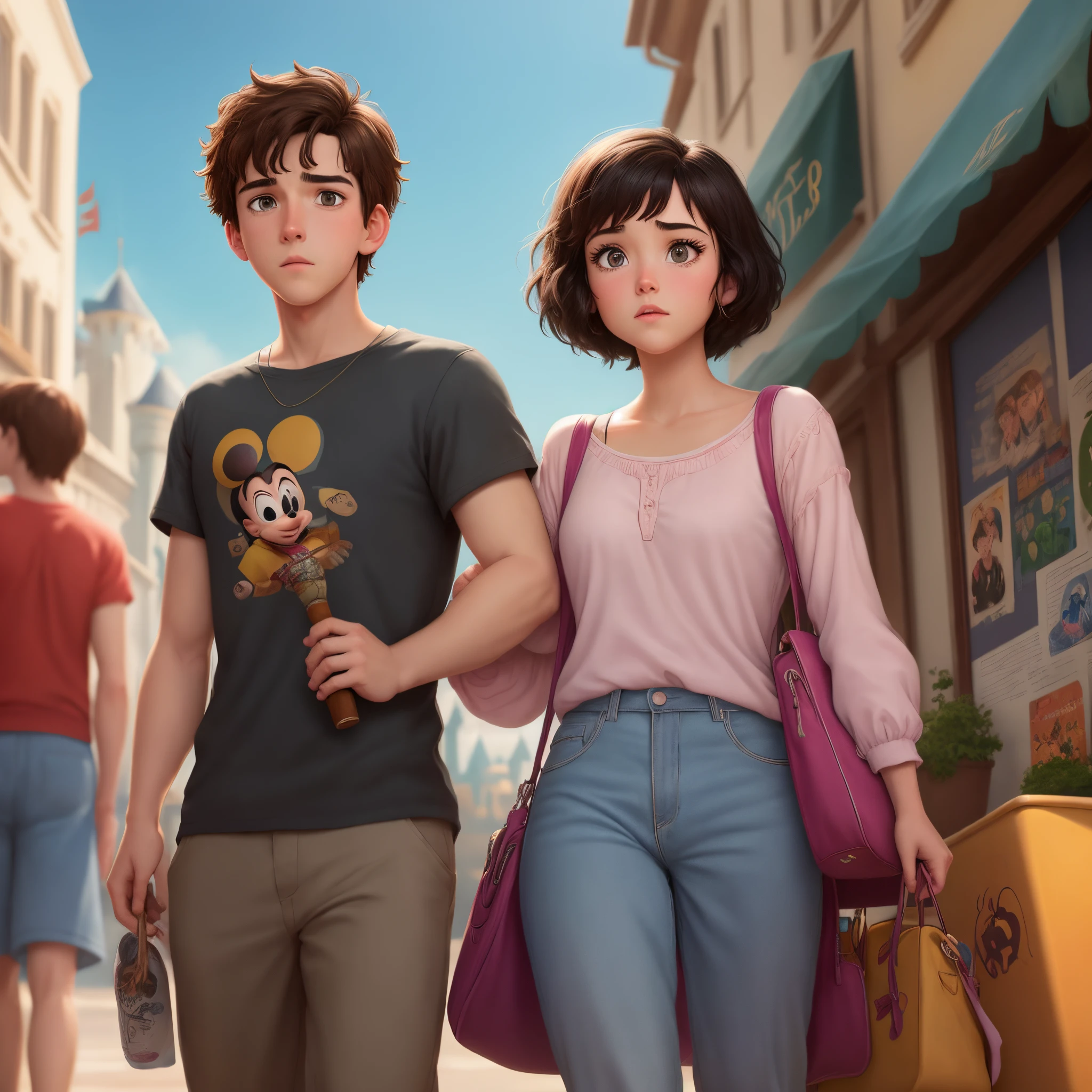 i want a disney pixar poster about a brunette sad and dark haired boy loving her