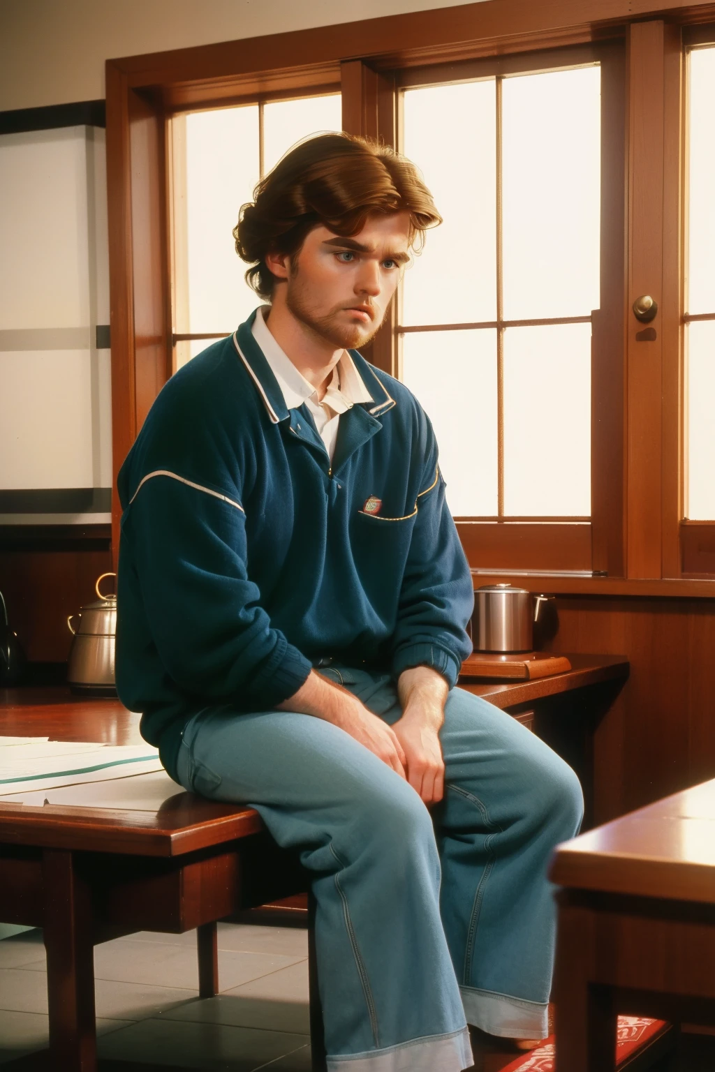 1986, Dubuque, Iowa. ((wide view)). Pre-raphaelite 25-year-old norwegian-irish man, sitting at the kitchen table, exhasperated, sad, grumpy, frustrated, ((((casual clothing from the 1980s)))), ((Hairstyle of the 1980s)), ((Wes Anderson cinematic style)), colorful