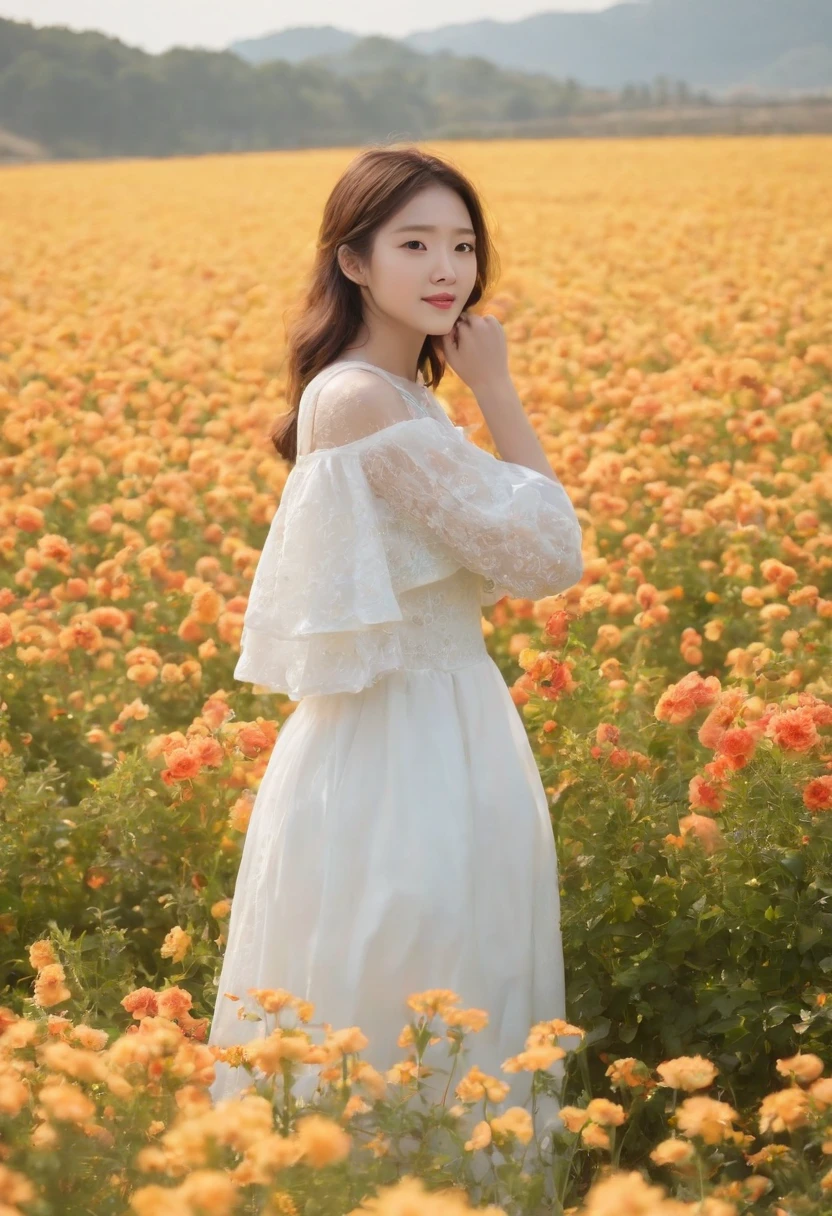 A woman in a white dress stands in a flower field, beautiful Korean women, beautiful young korean woman, standing in flower field, There are flowers, Girl in the flowers, gorgeous young korean woman, standing in flower field,girl standing in flower field, The aesthetic field of flowers, with frozen flowers around her, girl frontal lobe in flower field,Sunnyday,and the sun was shining brightly,The weather was nice,A large field of flowers,The picture is vivid,フォトリアリスティック,detail-rich