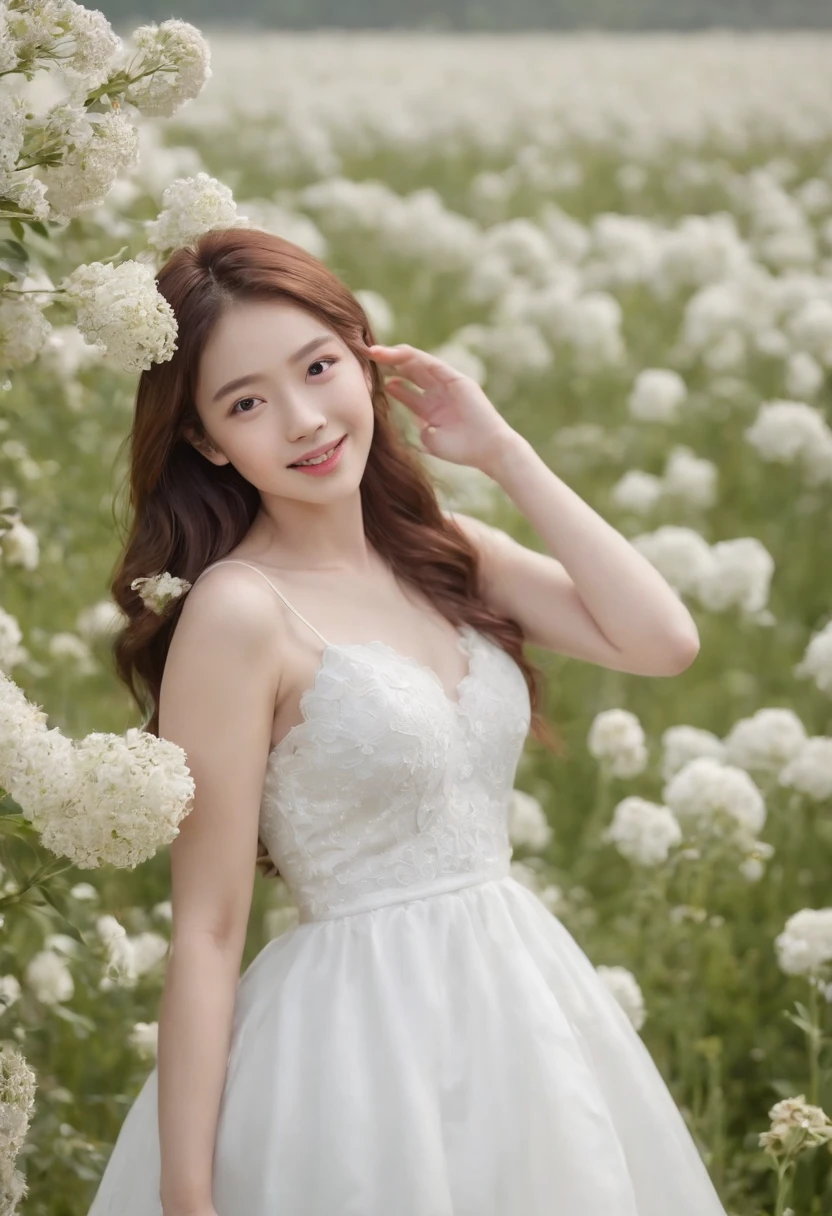 A woman in a white dress stands in a flower field, beautiful Korean women, beautiful young korean woman, standing in flower field, There are flowers, Girl in the flowers, gorgeous young korean woman, standing in flower field,girl standing in flower field, The aesthetic realm of flowers, with frozen flowers around her, girl frontal lobe in flower field,Girl puts her hands behind her back,hands behind body,The girl smiled,The girl was smiling,Sunnyday,and the sun was shining brightly,The weather was nice,A large field of flowers,The picture is vivid,フォトリアリスティック,detail-rich