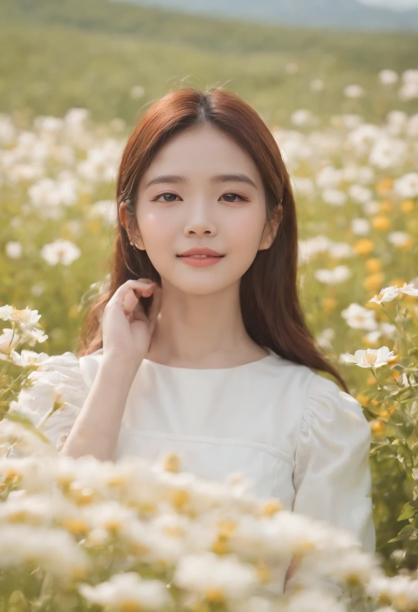 A woman in a white dress stands in a flower field, beautiful Korean women, beautiful young korean woman, standing in flower field, There are flowers, Girl in the flowers, gorgeous young korean woman, standing in flower field,girl standing in flower field, The aesthetic realm of flowers, with frozen flowers around her, girl frontal lobe in flower field，Girl puts her hands behind her back，hands behind body，The girl smiled，The girl was smiling，Sunnyday，and the sun was shining brightly，The weather was nice，A large field of flowers，The picture is vivid，フォトリアリスティック，detail-rich