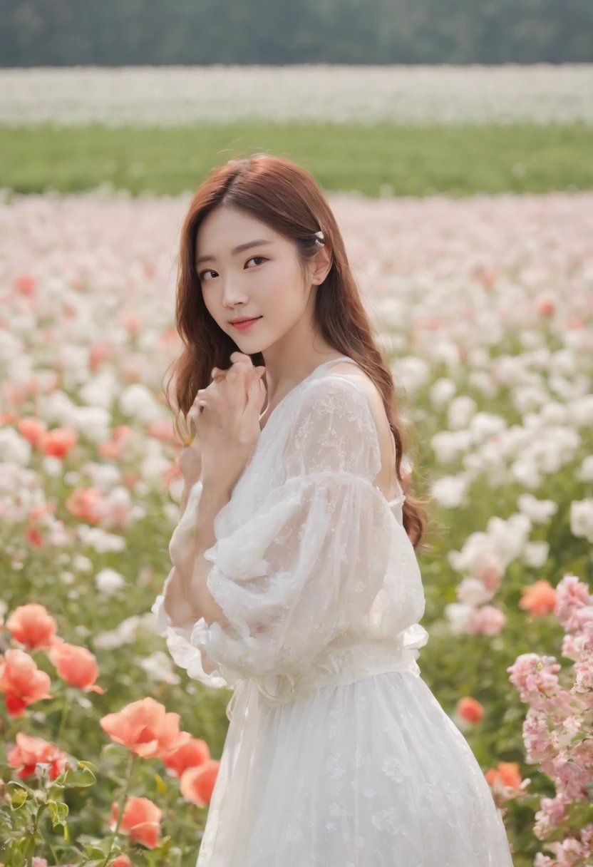 A woman in a white dress stands in a flower field, beautiful Korean women, beautiful young korean woman, standing in flower field, There are flowers, Girl in the flowers, gorgeous young korean woman, standing in flower field,girl standing in flower field, The aesthetic realm of flowers, with frozen flowers around her, girl frontal lobe in flower field,Girl puts her hands behind her back,hands behind body,The girl smiled,The girl was smiling,Sunnyday,and the sun was shining brightly,The weather was nice,A large field of flowers,The picture is vivid,フォトリアリスティック,detail-rich