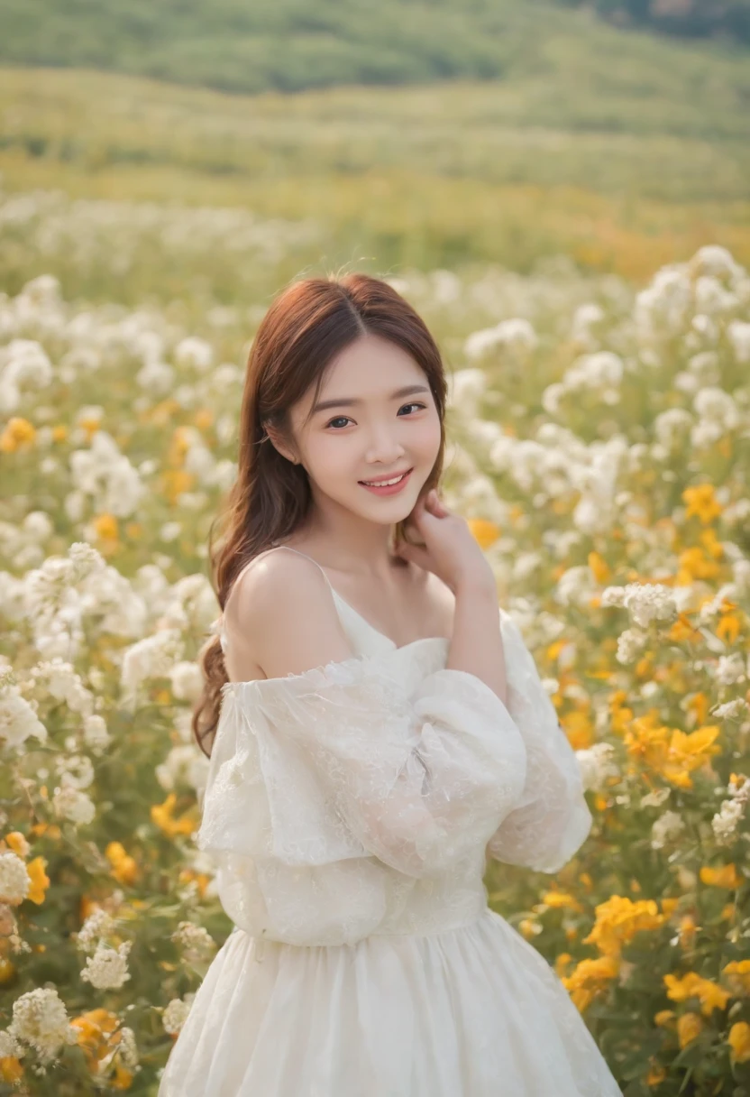 A woman in a white dress stands in a flower field, beautiful Korean women, beautiful young korean woman, standing in flower field, There are flowers, Girl in the flowers, gorgeous young korean woman, standing in flower field,girl standing in flower field, The aesthetic realm of flowers, with frozen flowers around her, girl frontal lobe in flower field,Girl puts her hands behind her back,hands behind body,The girl smiled,The girl was smiling,Sunnyday,and the sun was shining brightly,The weather was nice,A large field of flowers,The picture is vivid,フォトリアリスティック,detail-rich