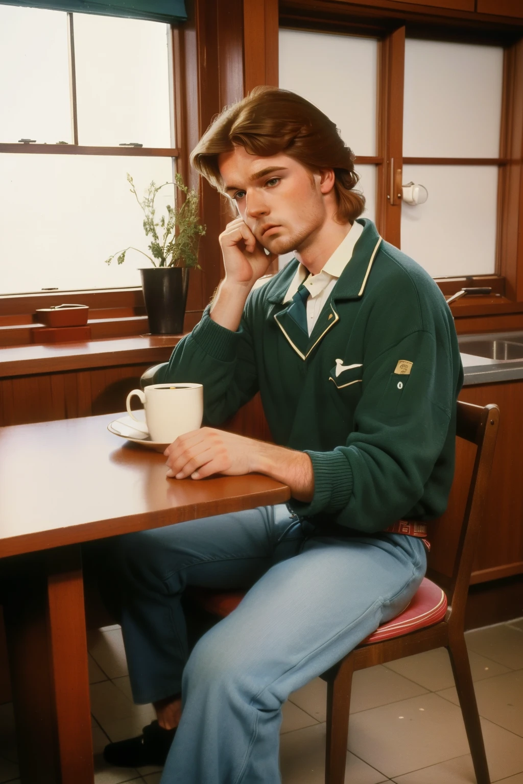1986, Dubuque, Iowa. ((wide view)). Pre-raphaelite 25-year-old norwegian-irish man, sitting at the kitchen table, deflated, exhasperated, sad, grumpy, frustrated, ((((casual clothing from the 1980s)))), ((Hairstyle of the 1980s)), ((Wes Anderson cinematic style)), colorful