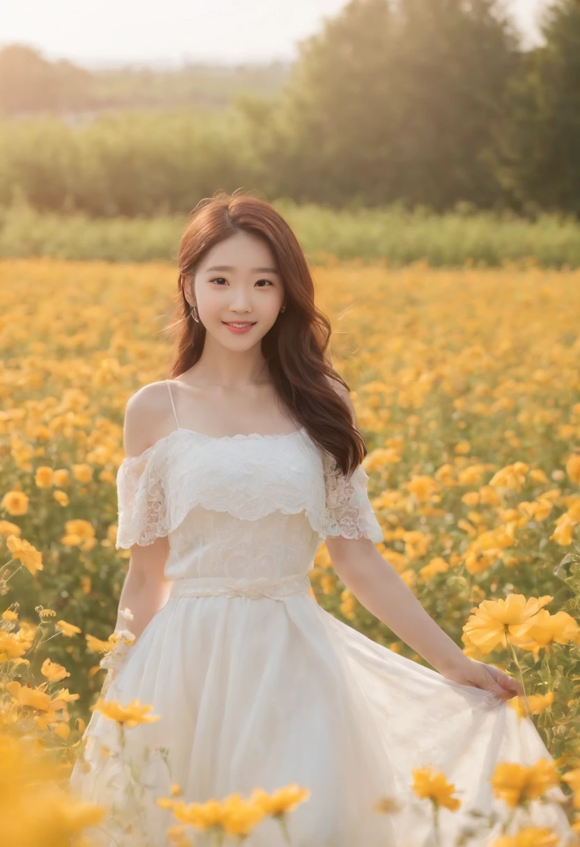 A woman in a white dress stands in a flower field, beautiful Korean women, beautiful young korean woman, standing in flower field, There are flowers, Girl in the flowers, gorgeous young korean woman, standing in flower field,girl standing in flower field, The aesthetic realm of flowers, with frozen flowers around her, girl frontal lobe in flower field,Girl puts her hands behind her back,hands behind body,The girl smiled,The girl was smiling,Sunnyday,and the sun was shining brightly,The weather was nice,A large field of flowers,The picture is vivid,フォトリアリスティック,detail-rich