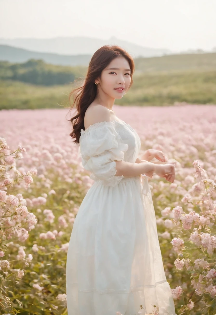A woman in a white dress stands in a flower field, beautiful Korean women, beautiful young korean woman, standing in flower field, There are flowers, Girl in the flowers, gorgeous young korean woman, standing in flower field,girl standing in flower field, The aesthetic realm of flowers, with frozen flowers around her, girl frontal lobe in flower field,Girl puts her hands behind her back,hands behind body,The girl smiled,The girl was smiling,Sunnyday,and the sun was shining brightly,The weather was nice,A large field of flowers,The picture is vivid,フォトリアリスティック,detail-rich