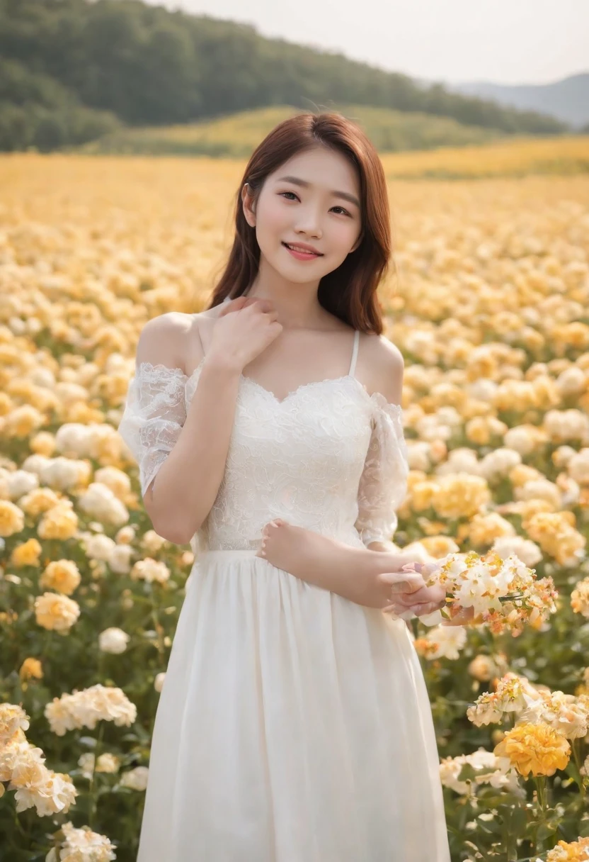 A woman in a white dress stands in a flower field, beautiful Korean women, beautiful young korean woman, standing in flower field, There are flowers, Girl in the flowers, gorgeous young korean woman, standing in flower field,girl standing in flower field, The aesthetic realm of flowers, with frozen flowers around her, girl frontal lobe in flower field，Girl puts her hands behind her back，hands behind body，The girl smiled，The girl was smiling，Sunnyday，and the sun was shining brightly，The weather was nice，A large field of flowers，The picture is vivid，フォトリアリスティック，detail-rich