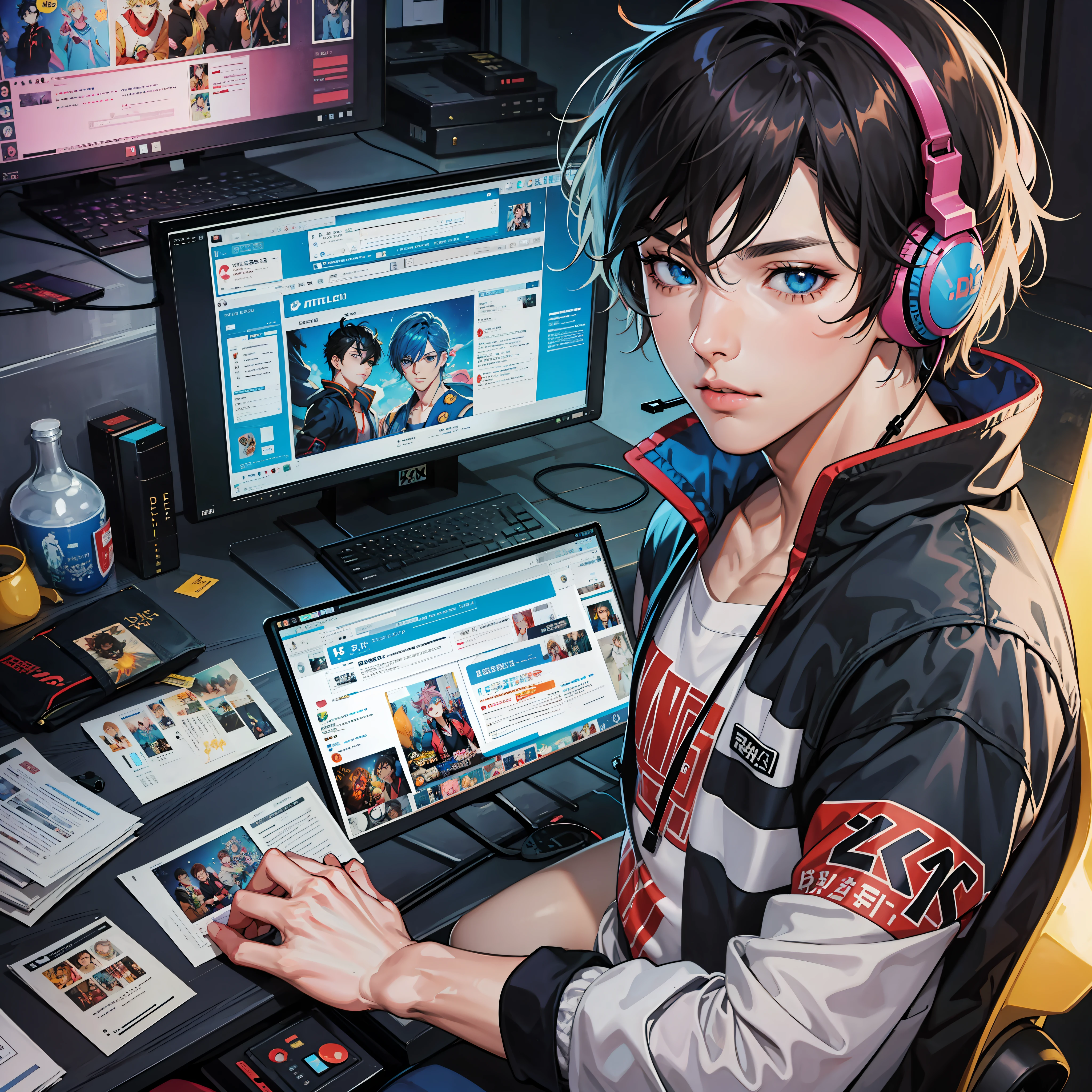 Chico de anime llama para hablar, IG Studios estilo anime, Nightcore, estilo de anime4 K, Estilo de arte anime de alta calidad, Chico anime, Joven hombre de anime, Estilo de arte anime, digital anime illustration, Anime style. 8k, en un estilo anime, Personaje masculino de anime, Kawasi,Mejor calidad:1.0),(ultrahigh resolution:1.0),Anime chicos,con pelo corto y negro,ojos de color azul,sentado frente a la computadora,Speak into the microphone,The background is in the esports room,auricular,The head is close to the microphone,8k