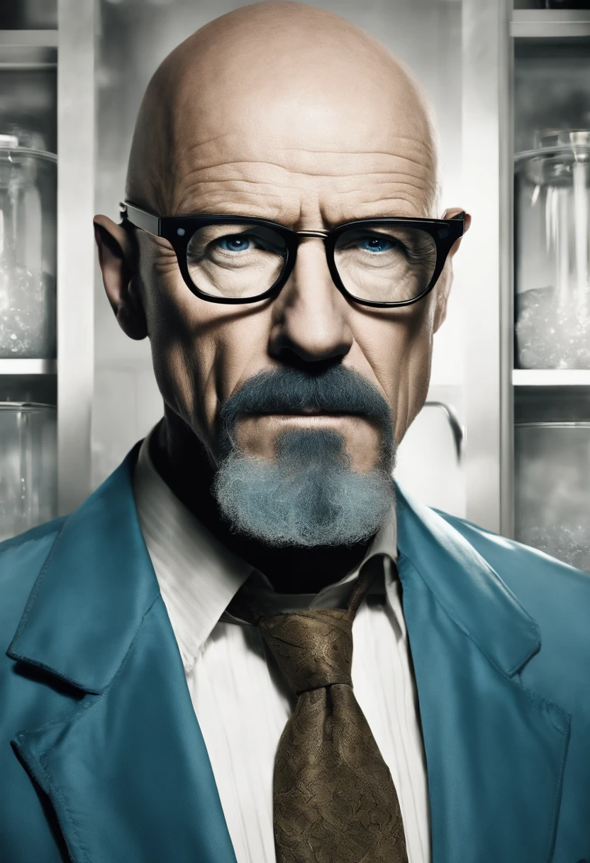 A photo of Walter carefully examining a batch of blue crystal meth in a dimly lit lab.,Breaking Bad,Walter White, the central character of “Breaking Bad,” undergoes a dramatic transformation in appearance: from a meek, unassuming high school chemistry teacher with a mustache and glasses, to the bald, bearded figure known as “Heisenberg,” exuding menace and authority. His wardrobe shift from nondescript, muted clothing to darker, more assertive attire mirrors his descent into the criminal world. , male
