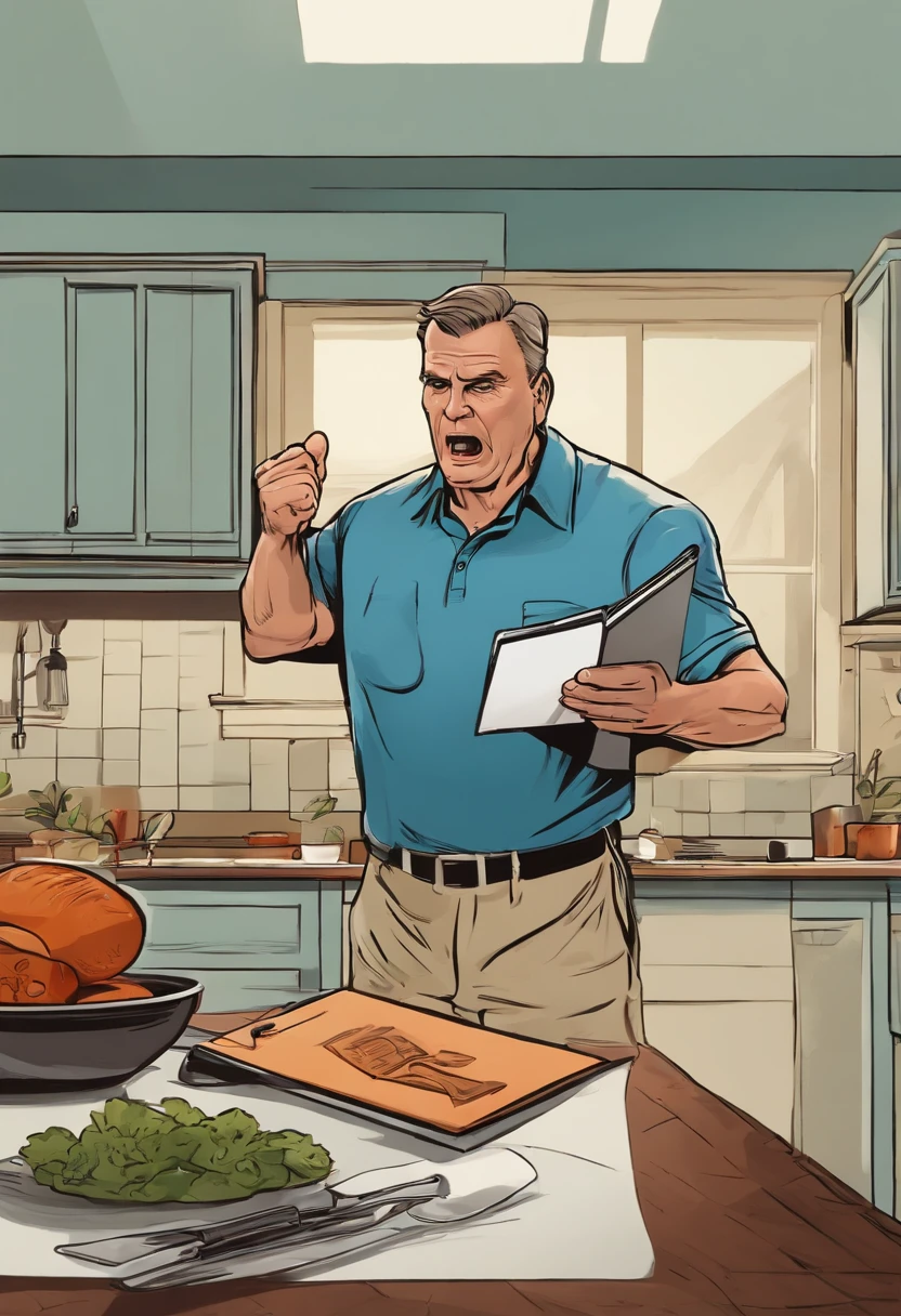 An image of the character angrily throwing a clipboard across the kitchen,original,50 year old while male that is a football coach and is visibly upset , male