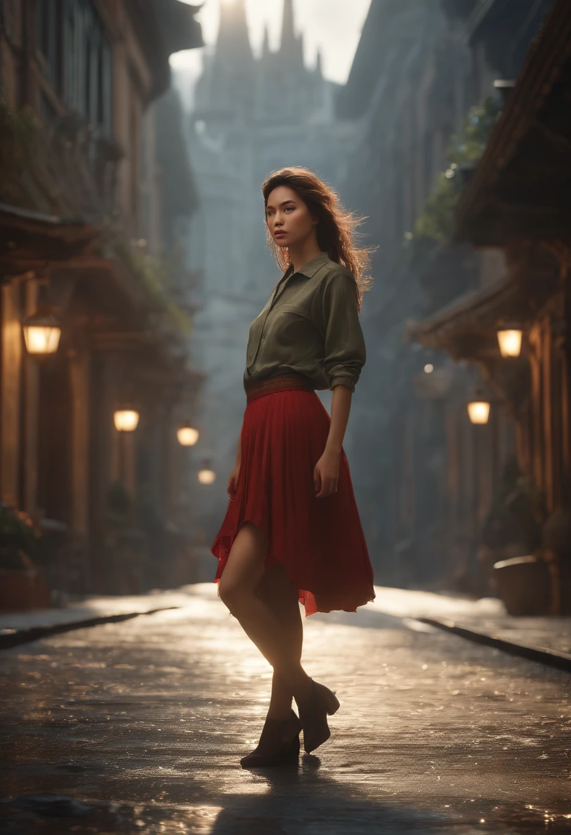 (professional 3d render:1.3) af (Realistic:1.3) most beautiful artwork photo in the world，Features soft and shiny young 18-25 yearsold cute asian girl ((Epic Modern futreristic hero fantasy  rough angry look long messy hair and ferocious expression in dynamic pose, Fantastic location, Majestic cluttered environment)), full body 8k unity render, action  shot, skin pore, dark lighting, heavy shading, Detailed, Detailed beautifulface, (vibrant, photograph realistic, Realistic, Dramatic, Dark, Sharp focus, 8K), (Old cotton garments damaged by weathering:1.4), ((((Wear skirt)))), (Intricate:1.4), decadent, (Highly detailed:1.4), Digital painting, rendering by octane, art  stations, concept-art, smooth, Sharp focus, illustration, Art germ, (loish:0.23), wlop ilya kuvshinov, and greg rutkowski and alphonse mucha, (Global illumination, Studio light, volumettic light), heavy rain, particles floating, lotr, fantasy, elf, full bodyesbian, ((Dark and ancient city background:1.3)),CGSesociety,art  stations