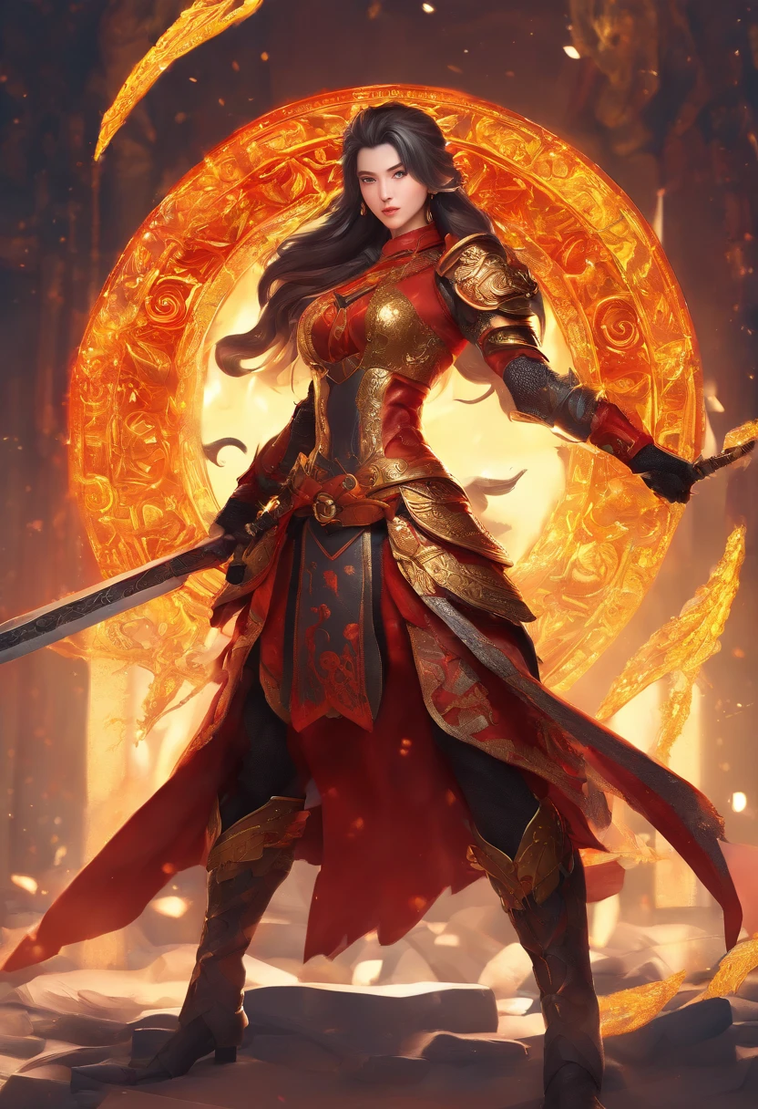 best quality,4k,8k,highres,masterpiece:1.2,ultra-detailed,realistic:1.37,portrait,blade and soul girl,beautiful detailed eyes,beautiful detailed lips,extremely detailed eyes and face,long eyelashes,sword,wield a sword,shine sword,detailed sword,golden hilt,ornate sword,shimmering blade,moon-shaped pattern,symbolic engraving,protective shield,decorated shield,embossed design,dragonscale texture,flowing hair,flowing dress,fierce expression,determined look,strong posture,intense background,fiery atmosphere,dramatic lighting,vivid colors,contrast between light and dark,fluid brushstrokes,traditional art style,warm color tones,emphasize red and gold,playful lighting effects