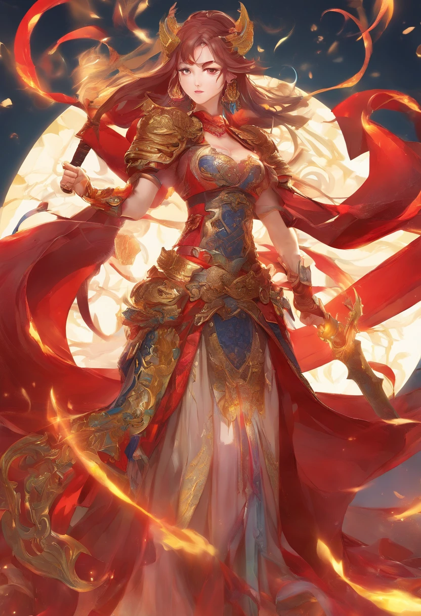best quality,4k,8k,highres,masterpiece:1.2,ultra-detailed,realistic:1.37,portrait,blade and soul girl,beautiful detailed eyes,beautiful detailed lips,extremely detailed eyes and face,long eyelashes,sword,wield a sword,shine sword,detailed sword,golden hilt,ornate sword,shimmering blade,moon-shaped pattern,symbolic engraving,protective shield,decorated shield,embossed design,dragonscale texture,flowing hair,flowing dress,fierce expression,determined look,strong posture,intense background,fiery atmosphere,dramatic lighting,vivid colors,contrast between light and dark,fluid brushstrokes,traditional art style,warm color tones,emphasize red and gold,playful lighting effects