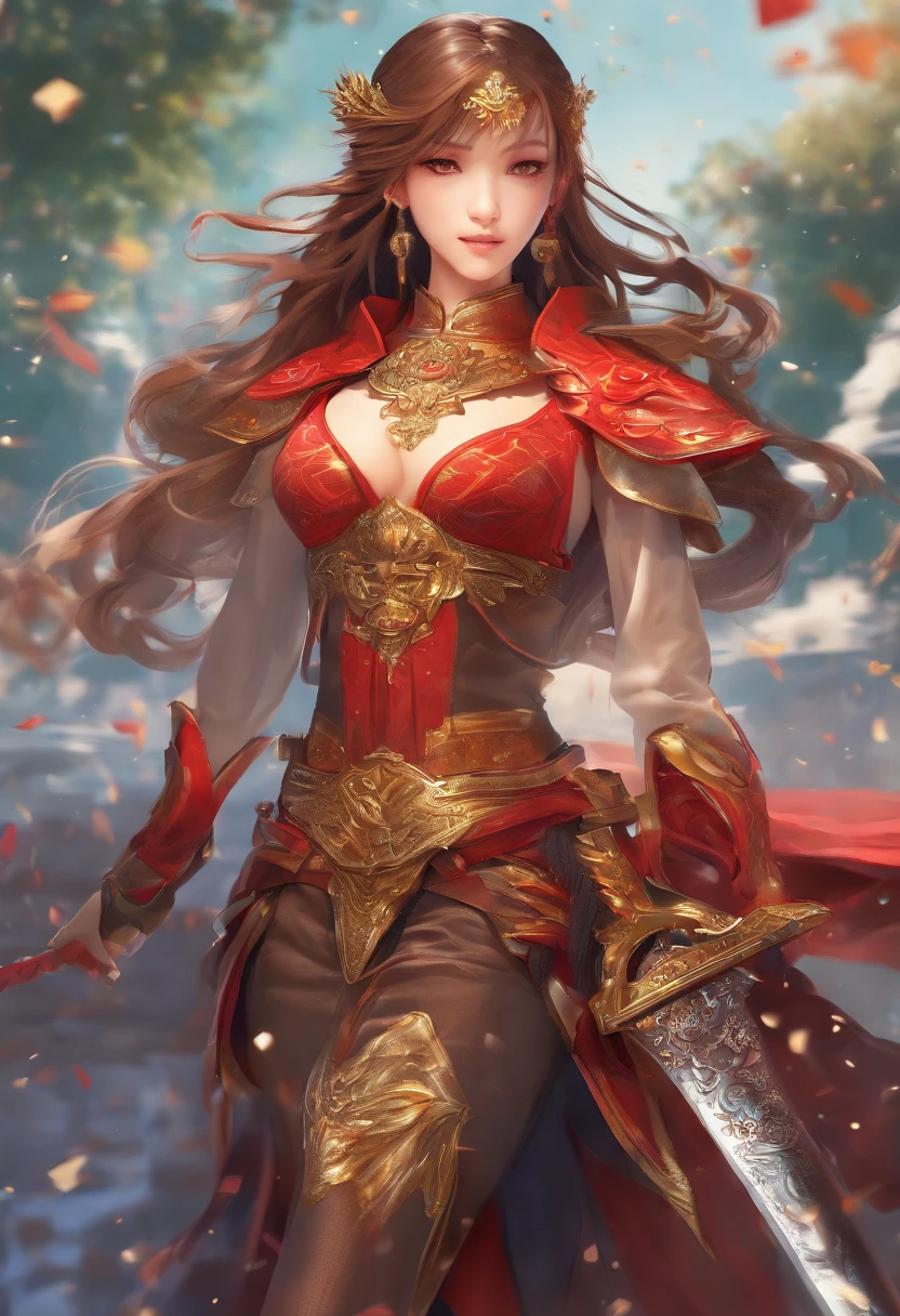 best quality,4k,8k,highres,masterpiece:1.2,ultra-detailed,realistic:1.37,portrait,blade and soul girl,beautiful detailed eyes,beautiful detailed lips,extremely detailed eyes and face,long eyelashes,sword,wield a sword,shine sword,detailed sword,golden hilt,ornate sword,shimmering blade,moon-shaped pattern,symbolic engraving,protective shield,decorated shield,embossed design,dragonscale texture,flowing hair,flowing dress,fierce expression,determined look,strong posture,intense background,fiery atmosphere,dramatic lighting,vivid colors,contrast between light and dark,fluid brushstrokes,traditional art style,warm color tones,emphasize red and gold,playful lighting effects