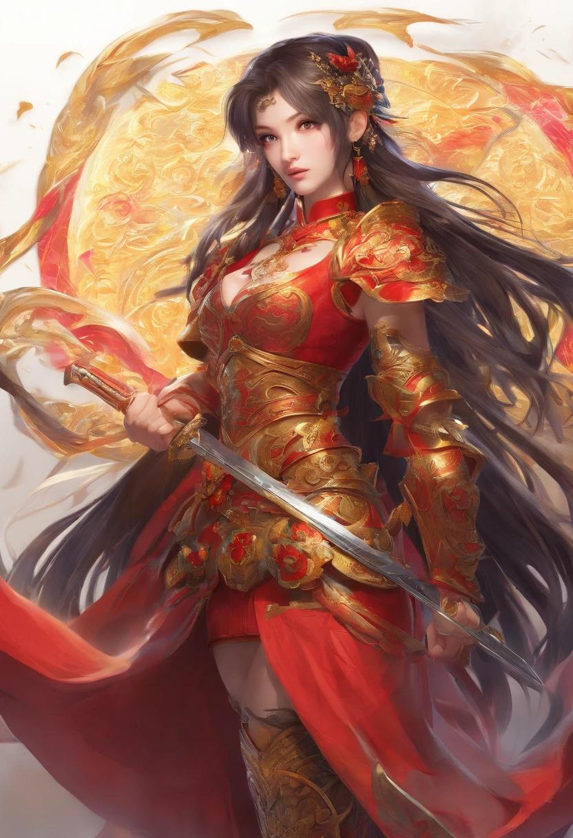 best quality,4k,8k,highres,masterpiece:1.2,ultra-detailed,realistic:1.37,portrait,blade and soul girl,beautiful detailed eyes,beautiful detailed lips,extremely detailed eyes and face,long eyelashes,sword,wield a sword,shine sword,detailed sword,golden hilt,ornate sword,shimmering blade,moon-shaped pattern,symbolic engraving,protective shield,decorated shield,embossed design,dragonscale texture,flowing hair,flowing dress,fierce expression,determined look,strong posture,intense background,fiery atmosphere,dramatic lighting,vivid colors,contrast between light and dark,fluid brushstrokes,traditional art style,warm color tones,emphasize red and gold,playful lighting effects