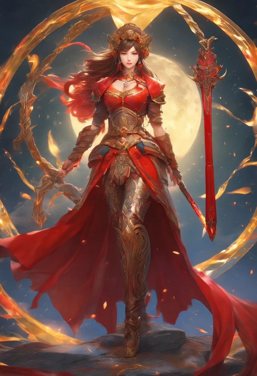 best quality,4k,8k,highres,masterpiece:1.2,ultra-detailed,realistic:1.37,portrait,blade and soul girl,beautiful detailed eyes,beautiful detailed lips,extremely detailed eyes and face,long eyelashes,sword,wield a sword,shine sword,detailed sword,golden hilt,ornate sword,shimmering blade,moon-shaped pattern,symbolic engraving,protective shield,decorated shield,embossed design,dragonscale texture,flowing hair,flowing dress,fierce expression,determined look,strong posture,intense background,fiery atmosphere,dramatic lighting,vivid colors,contrast between light and dark,fluid brushstrokes,traditional art style,warm color tones,emphasize red and gold,playful lighting effects