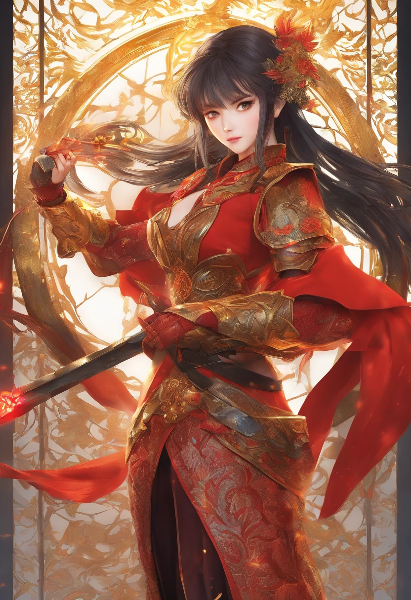 best quality,4k,8k,highres,masterpiece:1.2,ultra-detailed,realistic:1.37,portrait,blade and soul girl,beautiful detailed eyes,beautiful detailed lips,extremely detailed eyes and face,long eyelashes,sword,wield a sword,shine sword,detailed sword,golden hilt,ornate sword,shimmering blade,moon-shaped pattern,symbolic engraving,protective shield,decorated shield,embossed design,dragonscale texture,flowing hair,flowing dress,fierce expression,determined look,strong posture,intense background,fiery atmosphere,dramatic lighting,vivid colors,contrast between light and dark,fluid brushstrokes,traditional art style,warm color tones,emphasize red and gold,playful lighting effects