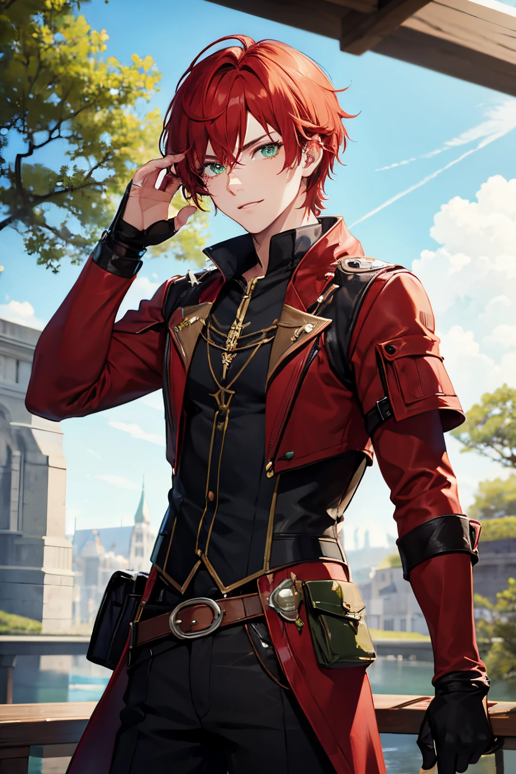 Hunter,Young male,red hair,green eye,Fantasy,flirtatious,handsome