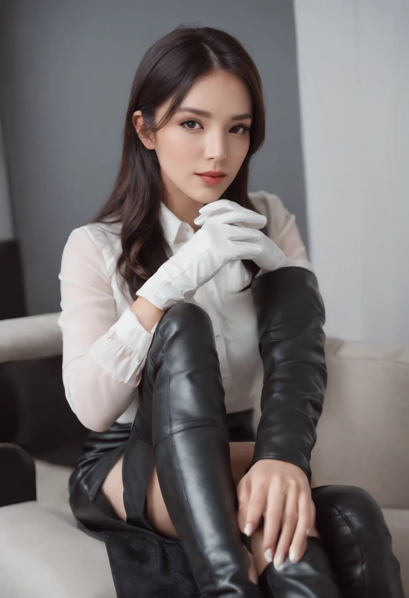 Black leather gloves with five fingers in both hands, black leather tight skirt, white blouse, black leather long boots, Japanese girl with straight black hair, sit on a leather chair with her feet aligned, both hands of leather gloves are aligned on her knees