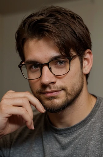 Man, 25 years old, ugly, average body, hairy hands, short brown hair, short beard, glasses