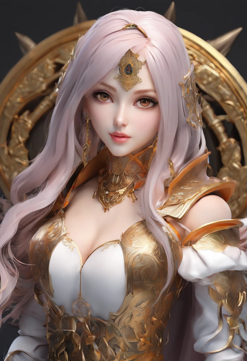 best quality,ultra-detailed,realistic,(portrait,anime:1.1),(fantasy,medieval),(detailed eyes and face),(long hair,flowing hair,black hair),beautiful detailed lips,golden armor,ornate sword and shield,dark background,vivid colors,soft lighting