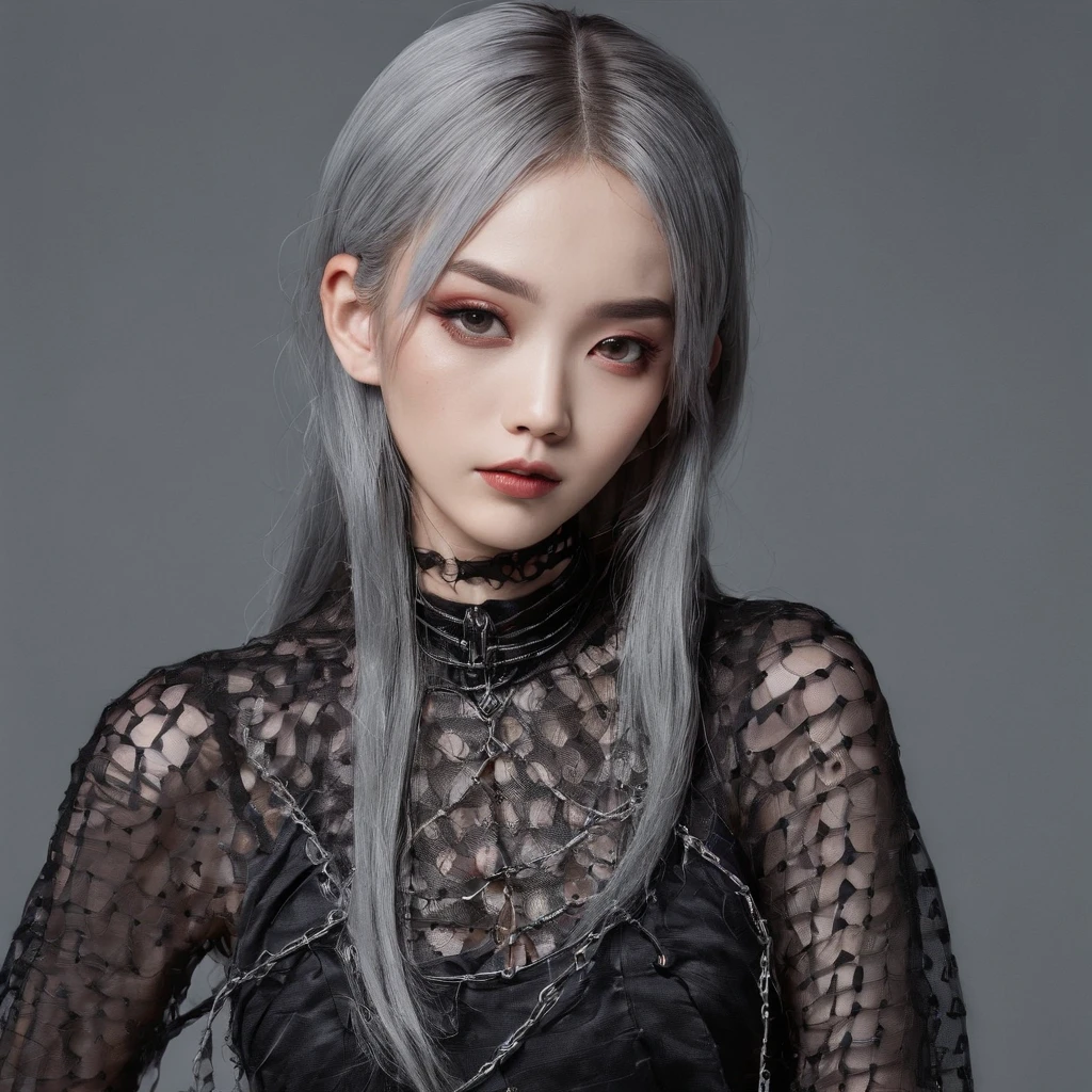 Girl asian with gothic net symbolic clothes, 。.com (Barbed wire of the body) brunette color hair，Gray hair ends, beautiful eyes
