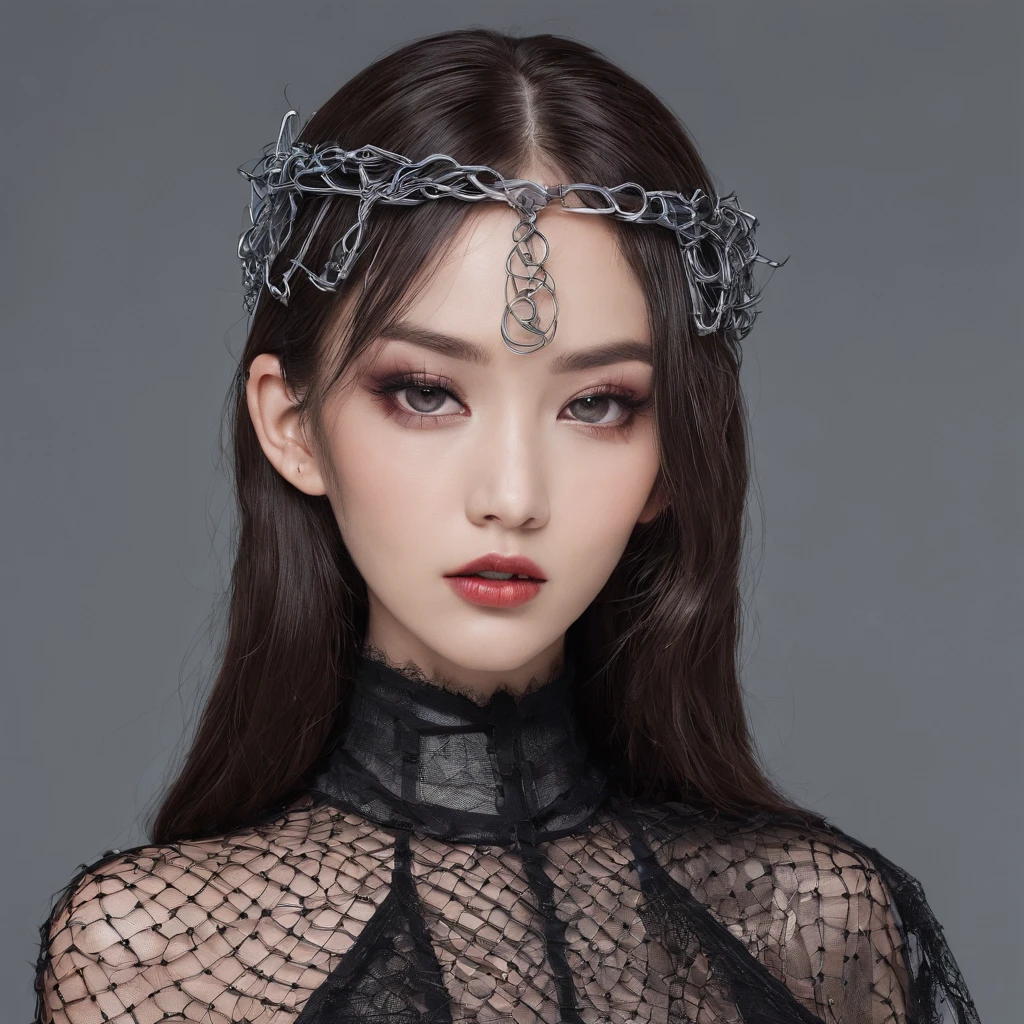 Girl asian with gothic net symbolic clothes, 。.com (Barbed wire of the body) brunette color hair,Gray hair ends, beautiful eyes