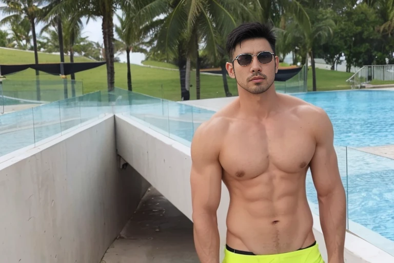 Handsome Asian man with stubble and sideburns, Middle-aged mood,muscle tissue,too much muscle,Chest muscles are too big,Shirtless,Bare-chested, No chest hair.,lying on a beach chair,backgrouns cyberpunk,Disrespectfully clad,Black Socks,buzz clip, angry, Clearance, Best Quality Best, master-piece,(muscular:1.5)