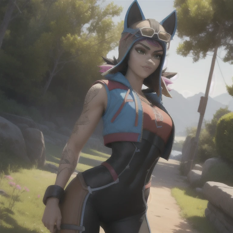 tiro de cowboy, renegada_lince, sinal de paz, cabelos longos, body com nervuras, roupas escritas, sorriso arrogante, flores de cerejeira no fundo, luz solar, melhor qualidade, Renegade lynx fire style clothes, Mulher bonita, rosto  perfeito, Estilo, 20 anos Realistic, cara bonito,  olhos verdes detalhes intrincados, profundidade de campo), (1girl, sozinho), compor, separated-lips, altamente detalhado, rosto perfeito, voluptuoso, girl athletic body, muscula,  cabelo marrom, , brilhante, Athletic girl, muscula, , ( enormes:1.4), (dentadura da pele), coxas grossas, quadris largos, cintura pequena, alto, glossy coral lips, , olhos vermelhos, rabo-de-cavalo,muscula,  Pov,, Olhando para o Viewer, suar, Sorriso, sedutor, fofo