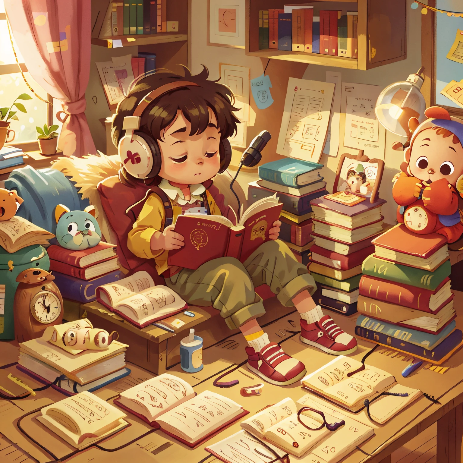 A baby wearing headphones is reading and immersed in a pile of old books. It lay lazily on the wooden counter next to it.Children's picture book style