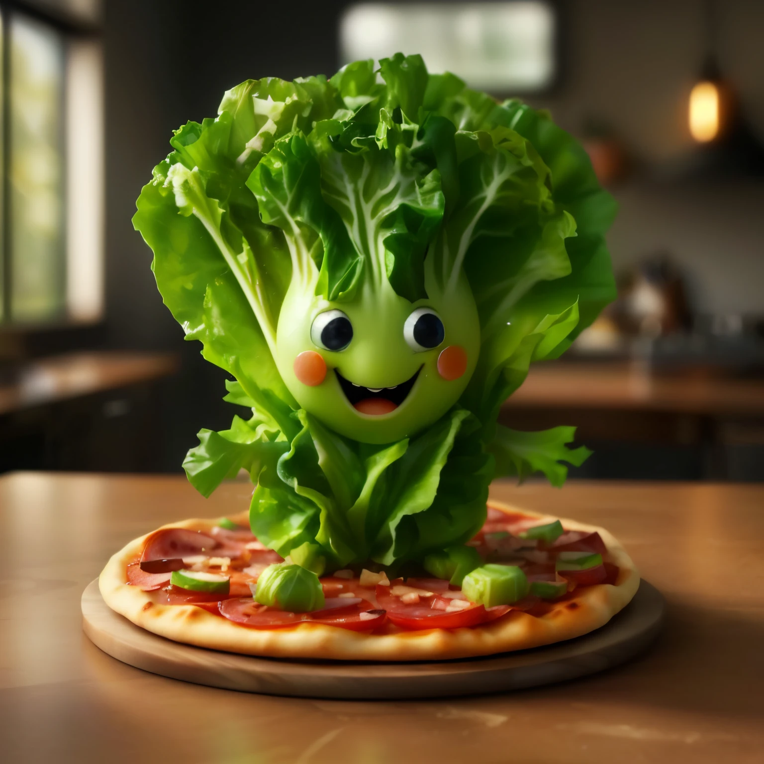 close up of a pizza with a face on it, Food Commerce 4K, Cute Pizza Monster, Pizza advertising, Made from food, 🥥 🍕 hybrid, cute 3 d render, Extra bacon and tomato salad, Pizza presentation, super realistic food picture, "Hyper-realistic, Photorealistic computer graphics, celery, Рендер Pixar Renderman, salad, Рендер Pixar