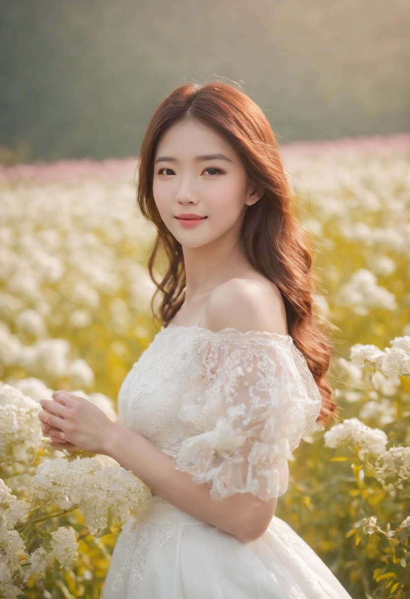 A woman in a white dress stands in a flower field, beautiful Korean women, beautiful young korean woman, standing in flower field, There are flowers, Girl in the flowers, gorgeous young korean woman, standing in flower field,girl standing in flower field, The aesthetic realm of flowers, with frozen flowers around her, girl frontal lobe in flower field，Girl puts her hands behind her back，The girl smiled，The girl was smiling，Sunnyday，and the sun was shining brightly，The weather was nice，A large field of flowers，The picture is vivid，フォトリアリスティック，detail-rich