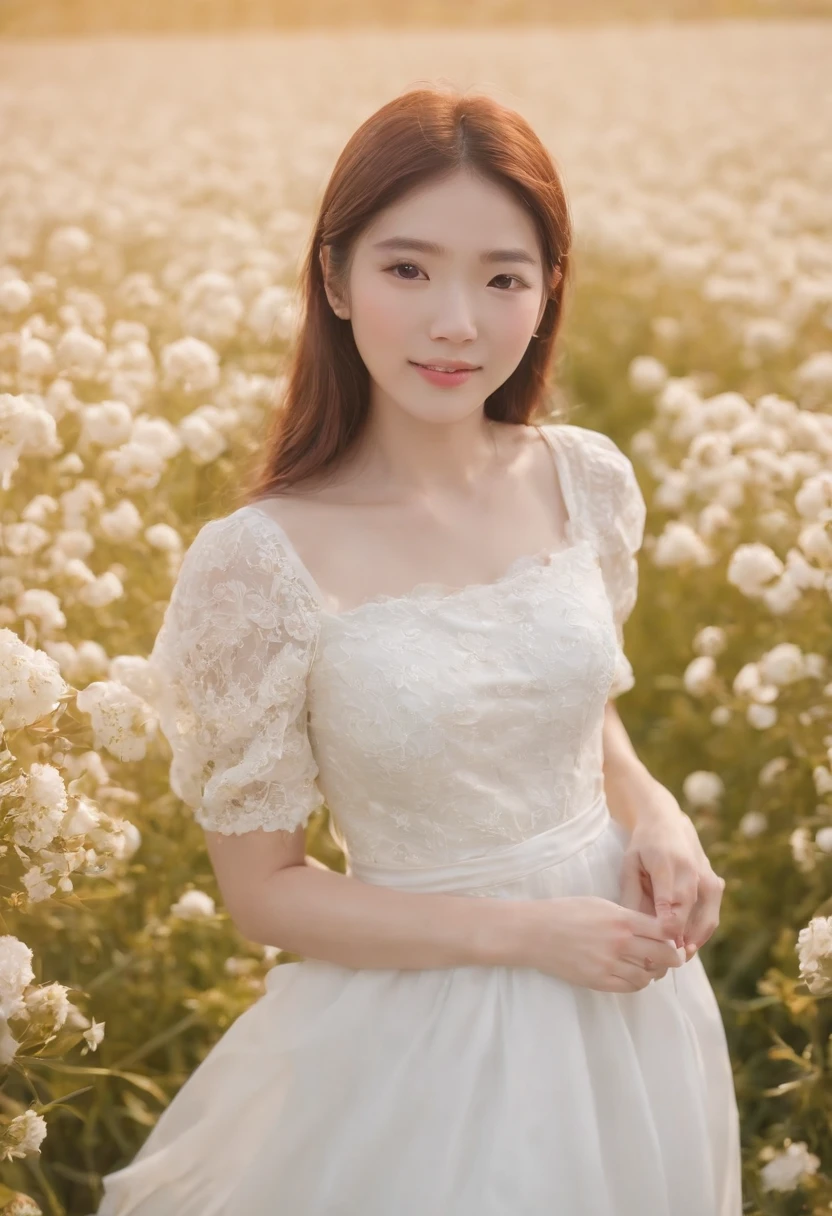 A woman in a white dress stands in a flower field, beautiful Korean women, beautiful young korean woman, standing in flower field, There are flowers, Girl in the flowers, gorgeous young korean woman, standing in flower field,girl standing in flower field, The aesthetic realm of flowers, with frozen flowers around her, girl frontal lobe in flower field，Girl puts her hands behind her back，The girl smiled，The girl was smiling，Sunnyday，and the sun was shining brightly，The weather was nice，A large field of flowers，The picture is vivid，フォトリアリスティック，detail-rich