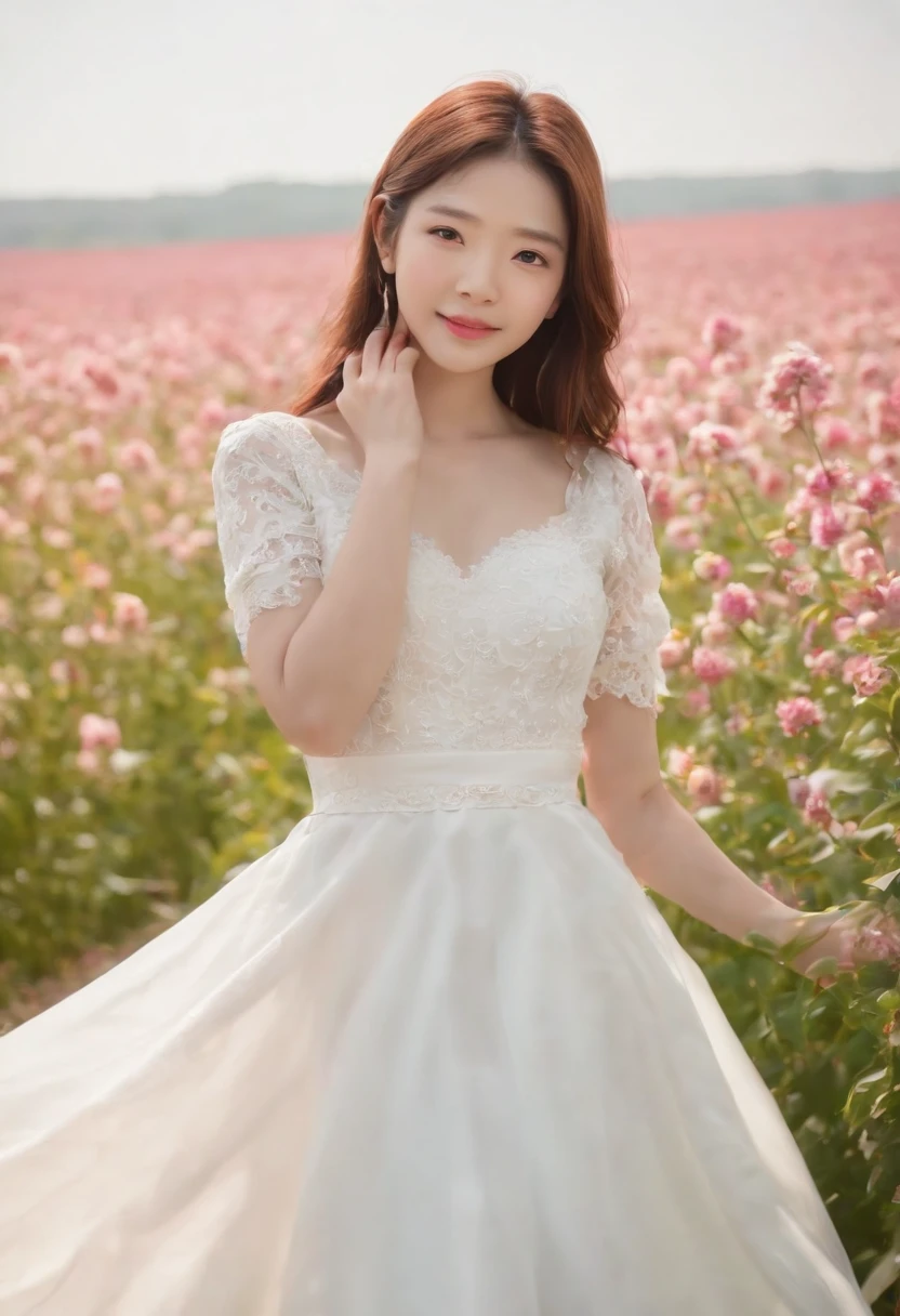 A woman in a white dress stands in a flower field, beautiful Korean women, beautiful young korean woman, standing in flower field, There are flowers, Girl in the flowers, gorgeous young korean woman, standing in flower field,girl standing in flower field, The aesthetic realm of flowers, with frozen flowers around her, girl frontal lobe in flower field，Girl puts her hands behind her back，The girl smiled，The girl was smiling，Sunnyday，and the sun was shining brightly，The weather was nice，A large field of flowers，The picture is vivid，フォトリアリスティック，detail-rich