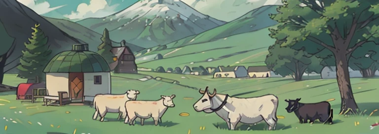 Take the grassland、rios、cattle and sheep,cavalos、yurts、shepherd、doggy,form a beautiful harmonious picture,Add text on the side to describe the deliciousness of pure natural green mutton。