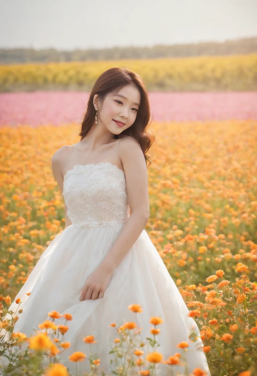 A woman in a white dress stands in a flower field, beautiful Korean women, beautiful young korean woman, standing in flower field, There are flowers, Girl in the flowers, gorgeous young korean woman, standing in flower field,girl standing in flower field, The aesthetic realm of flowers, with frozen flowers around her, girl frontal lobe in flower field，Girl puts her hands behind her back，The girl smiled，The girl was smiling，Sunnyday，and the sun was shining brightly，The weather was nice，A large field of flowers，The picture is vivid，フォトリアリスティック，detail-rich