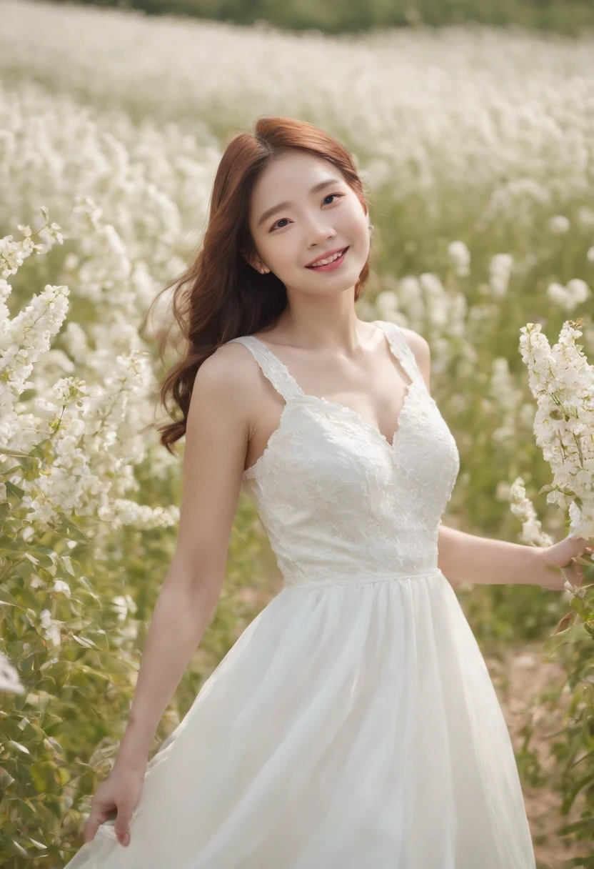 A woman in a white dress stands in a flower field, beautiful Korean women, beautiful young korean woman, standing in flower field, There are flowers, Girl in the flowers, gorgeous young korean woman, standing in flower field,girl standing in flower field, The aesthetic realm of flowers, with frozen flowers around her, girl frontal lobe in flower field,Girl puts her hands behind her back,The girl smiled,The girl was smiling,Sunnyday,and the sun was shining brightly,The weather was nice,A large field of flowers,The picture is vivid,フォトリアリスティック,detail-rich